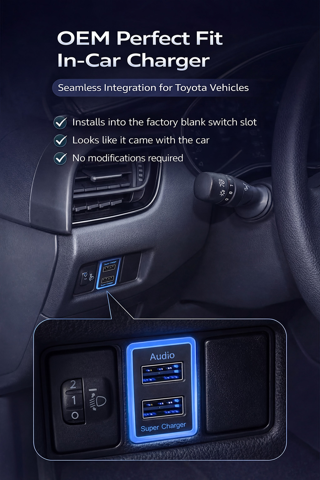 Suitable for multiple Toyota models,USB charging + Audio USB port interface.