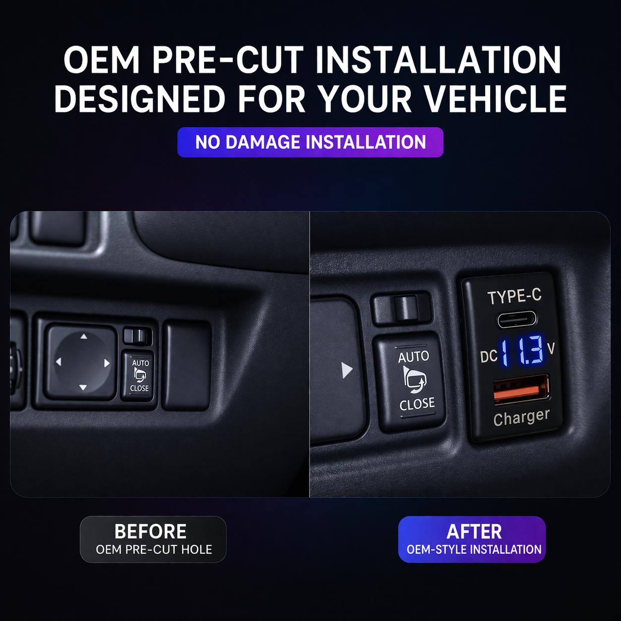 Suitable for multiple models of Nissan vehicles, equipped with USB and Type-C charging interfaces as well as voltage display function